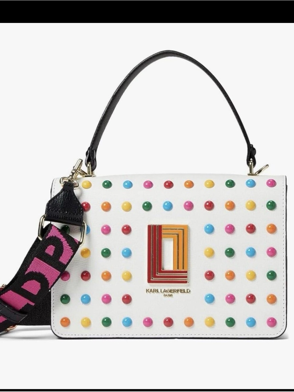 Karl Lagerfeld White Crossbody with Multicolor Studs and Logo Strap